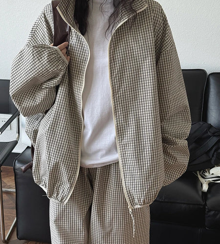Beige Plaid Pocket Big Size Casual Jacket New Stand Collar Long Sleeve Women Coat Fashion Tide Spring Autumn 2025 1DJ0868