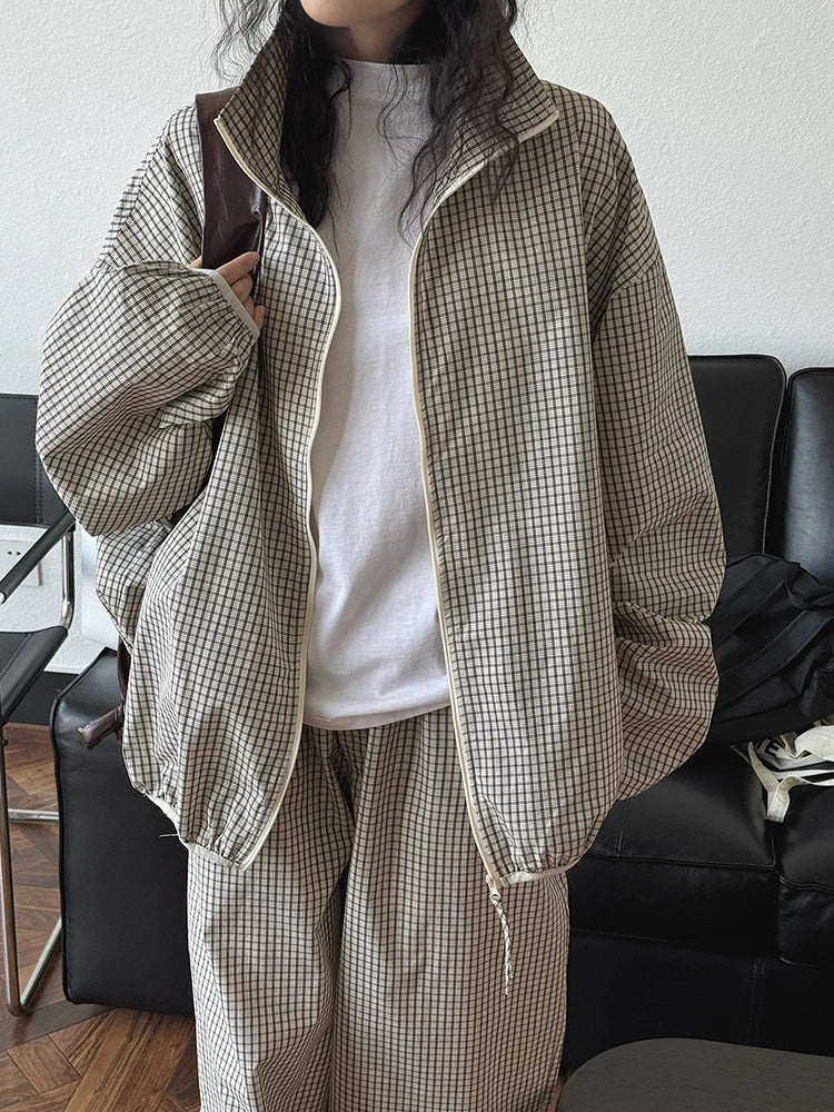 Beige Plaid Pocket Big Size Casual Jacket New Stand Collar Long Sleeve Women Coat Fashion Tide Spring Autumn 2025 1DJ0868