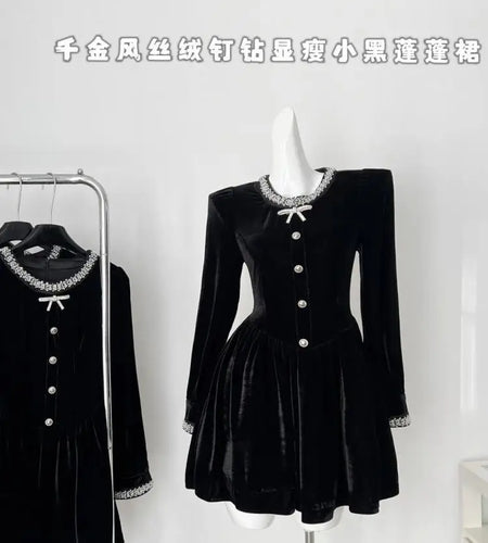 Retro Fashion Women Black Velvet Diamond Long Sleeved Bow Party Evening Short Dress Autumn Winter High Waist Pleated Mini Dress
