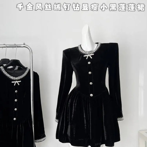 Load image into Gallery viewer, Retro Fashion Women Black Velvet Diamond Long Sleeved Bow Party Evening Short Dress Autumn Winter High Waist Pleated Mini Dress
