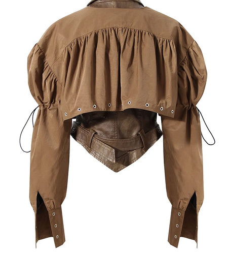 Coffee Pleated Belted Drawstring Leather Jacket New Lapel Long Sleeve Women Coat Fashion Tide Spring Autumn 2025 1DF5260