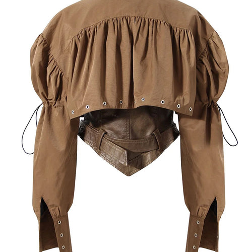 Load image into Gallery viewer, Coffee Pleated Belted Drawstring Leather Jacket New Lapel Long Sleeve Women Coat Fashion Tide Spring Autumn 2025 1DF5260
