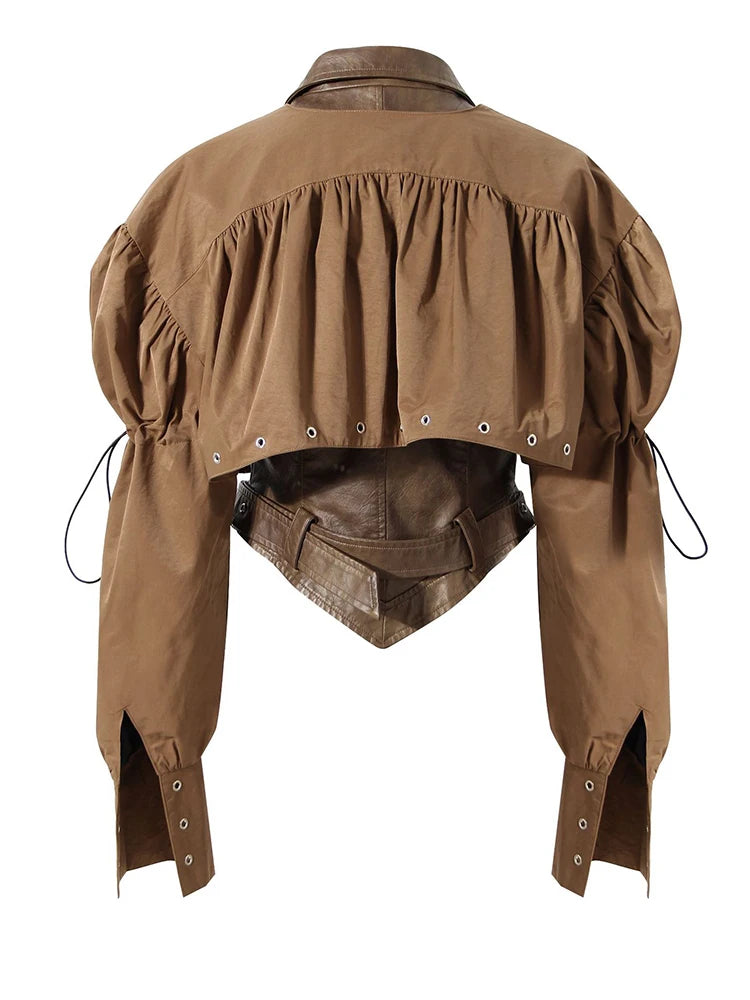Coffee Pleated Belted Drawstring Leather Jacket New Lapel Long Sleeve Women Coat Fashion Tide Spring Autumn 2025 1DF5260