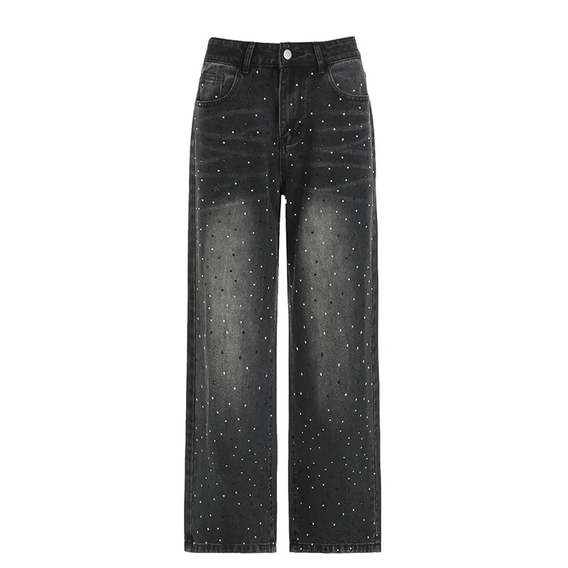 Streetwear Rhinestone Bling Female Jeans Baggy Pants Distressed Grunge Outfits Denim Trousers Straight Vintage Bottom