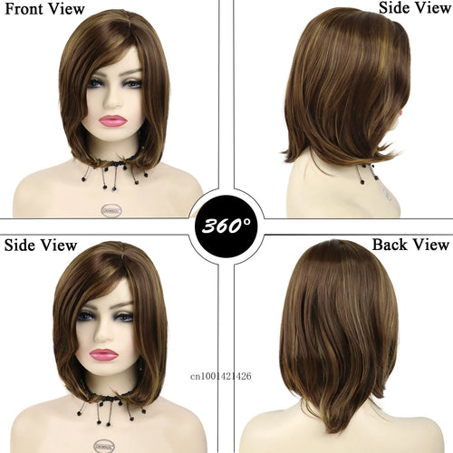 Load image into Gallery viewer, Mommy Wigs Synthetic Hair Short Bob Wig with Bangs Mix Brown Color Highlights Hair Replacement Wigs Daily Use Replacement Wig
