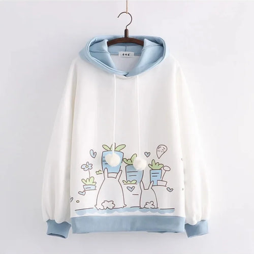 Load image into Gallery viewer, Kawaii Women Hoodies Winter Long Sleeve Drawstring Fleece Hooded Sweatshirt Female Harajuku Rabbit Print Pullover Top
