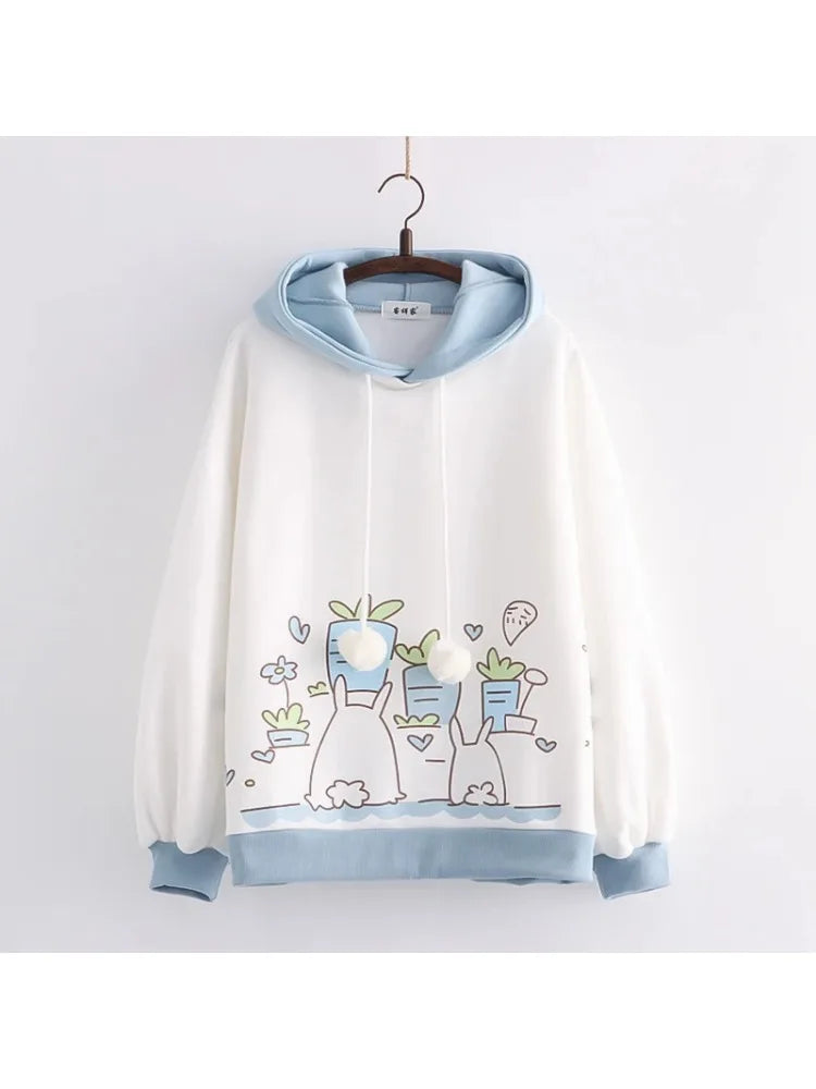 Kawaii Women Hoodies Winter Long Sleeve Drawstring Fleece Hooded Sweatshirt Female Harajuku Rabbit Print Pullover Top