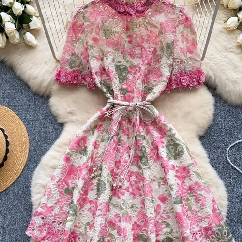 Load image into Gallery viewer, French Retro Women Embroidered Flower Bead Round Neck Short Sleeved Mini Dress Summer Hollowed Out Lace-up Evening Party Dresses
