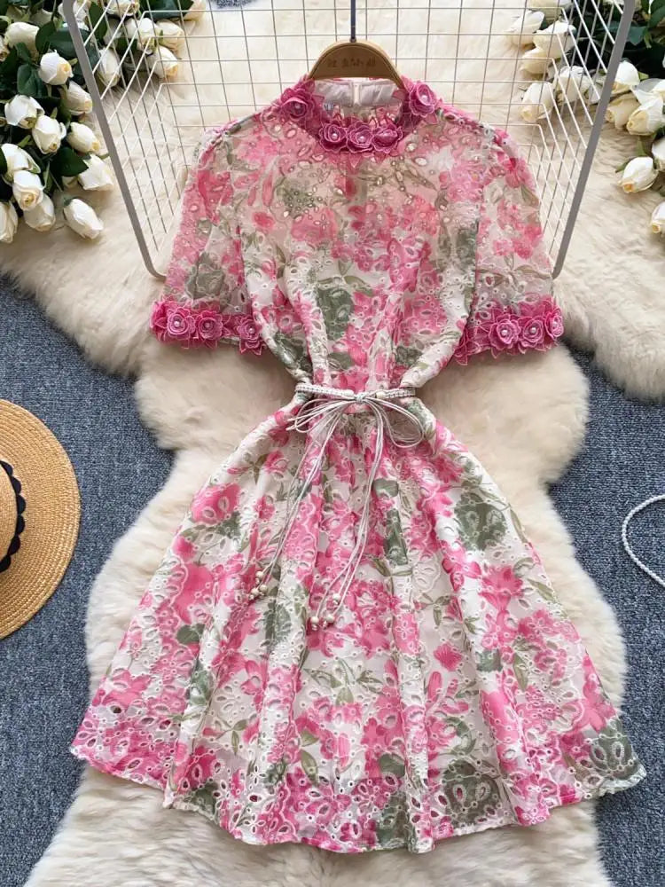 French Retro Women Embroidered Flower Bead Round Neck Short Sleeved Mini Dress Summer Hollowed Out Lace-up Evening Party Dresses