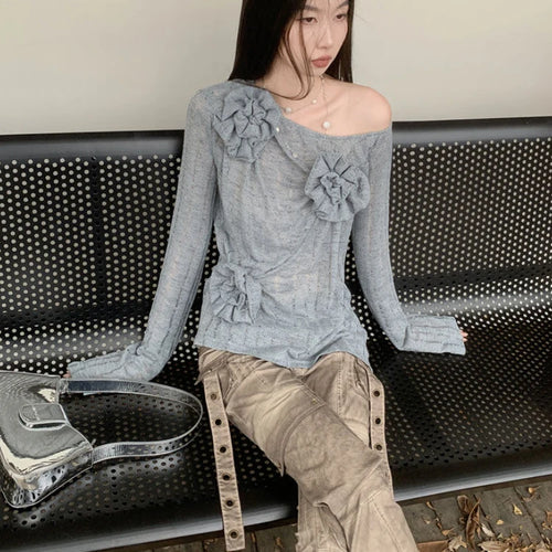 Load image into Gallery viewer, 2025 Y2k Aesthetic Vintage Solid Knitted Tees Spring Streetwear 3D Flower Tshirts Women Harajuku Grunge Skew Collar Grunge Tops
