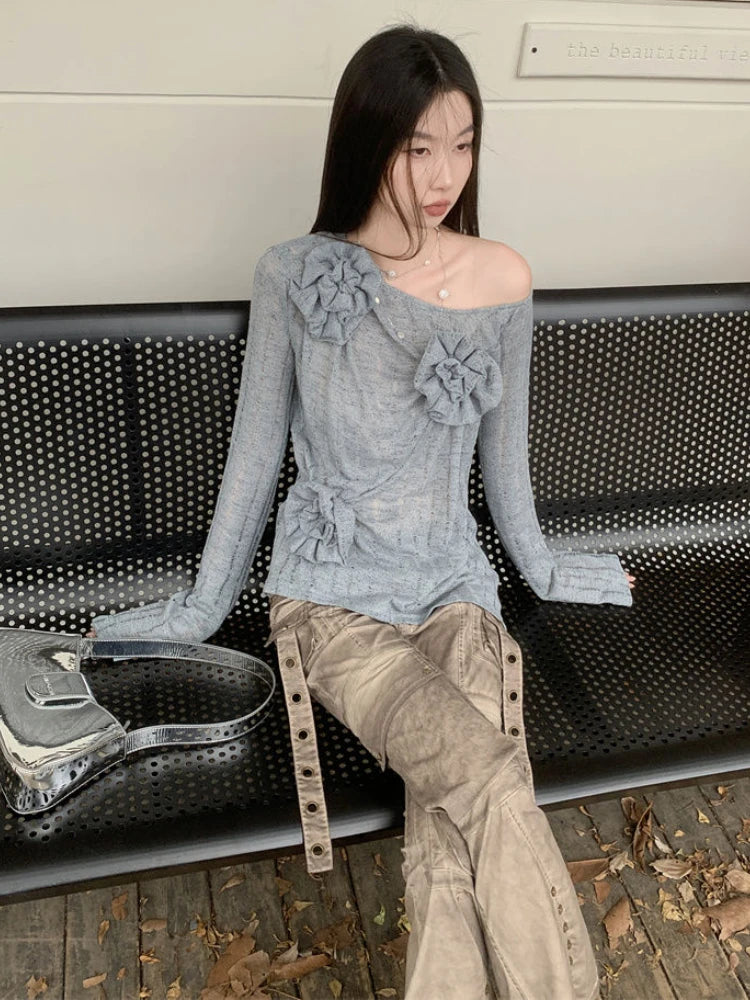 2025 Y2k Aesthetic Vintage Solid Knitted Tees Spring Streetwear 3D Flower Tshirts Women Harajuku Grunge Skew Collar Grunge Tops