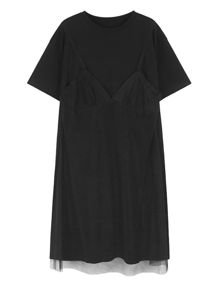 Women Gray Mesh Spliced Big Size Casual Midi Dress New Round Neck Short Sleeve Fashion Tide Spring Summer 2025 1DH9817