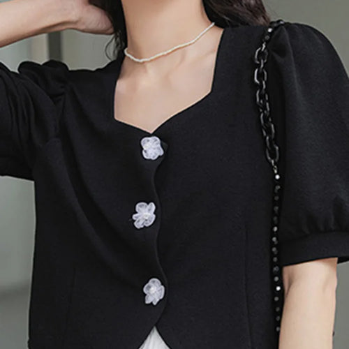 Load image into Gallery viewer, French Style Black Elegant Female Shirts New Summer Square Neck Puff Sleeve Pure Color Chic Buttons Casual Women Shirt
