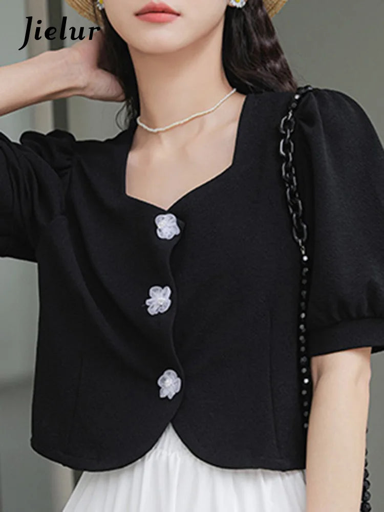 French Style Black Elegant Female Shirts New Summer Square Neck Puff Sleeve Pure Color Chic Buttons Casual Women Shirt