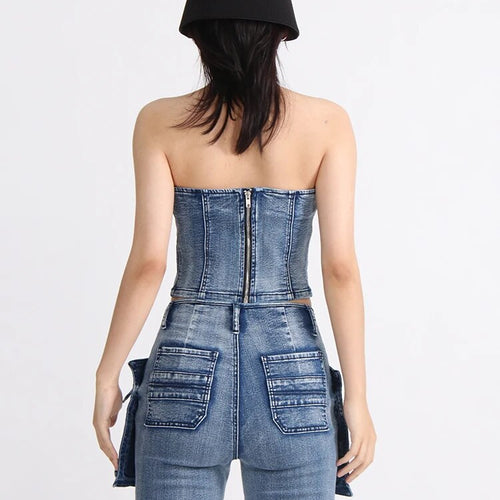 Load image into Gallery viewer, Denim Solid Tank Tops For Women Strapless Sleeveless Slim Backless Spliced Zipper Vest Female Fashion Clothing
