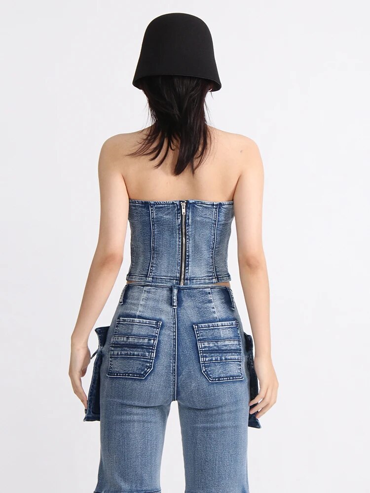 Denim Solid Tank Tops For Women Strapless Sleeveless Slim Backless Spliced Zipper Vest Female Fashion Clothing