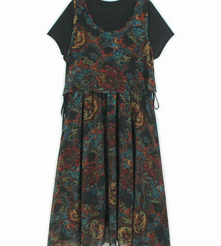 Women Black Pattern Printed Big Size Midi Dress New Round Neck Short Sleeve Fashion Tide Spring Summer 2025 1DJ0298