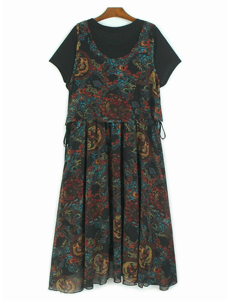 Women Black Pattern Printed Big Size Midi Dress New Round Neck Short Sleeve Fashion Tide Spring Summer 2025 1DJ0298