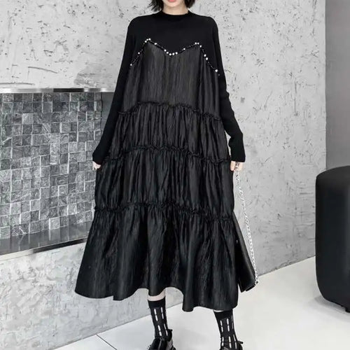 Load image into Gallery viewer, Women Black Knitting Beads Pleated Big Size Midi Dress New Round Neck Long Sleeve Fashion Tide Spring Autumn 2025 1DH9219
