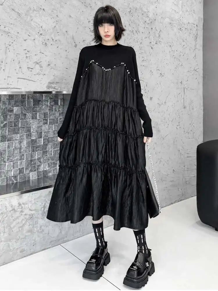 Women Black Knitting Beads Pleated Big Size Midi Dress New Round Neck Long Sleeve Fashion Tide Spring Autumn 2025 1DH9219