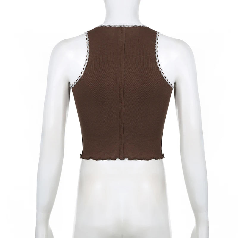 Vintage Brown Frill Lace Trim Y2K Tank Top Female Skinny Cutecore 90s Aesthetic Summer Vest Tees Sleeveless Clothing