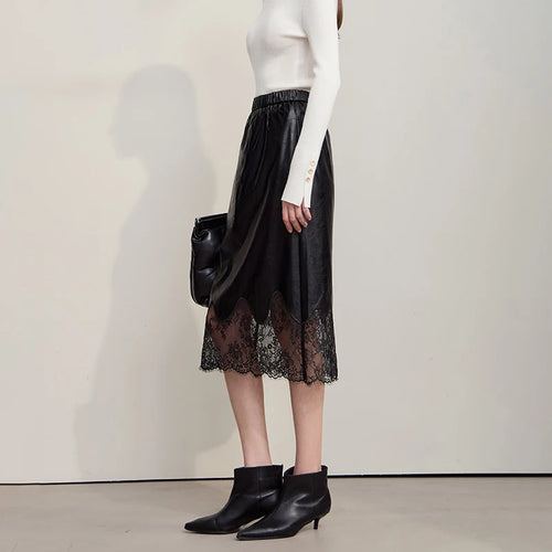 Load image into Gallery viewer, Women's Skirt 2025 Autumn New Minimalist Versatile Clothing Ladies Leather Splicing Lace Solid A-line Midi Skirt 12543095

