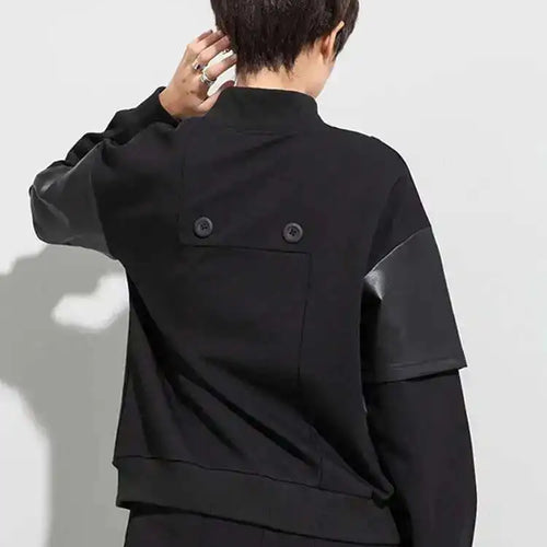 Load image into Gallery viewer, Women Black Pu Leather Irregular Big Size Casual T-shirt New Round Neck Long Sleeve Fashion Spring Autumn 2025 1DF4655
