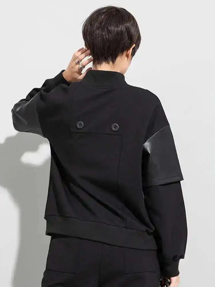 Women Black Pu Leather Irregular Big Size Casual T-shirt New Round Neck Long Sleeve Fashion Spring Autumn 2025 1DF4655