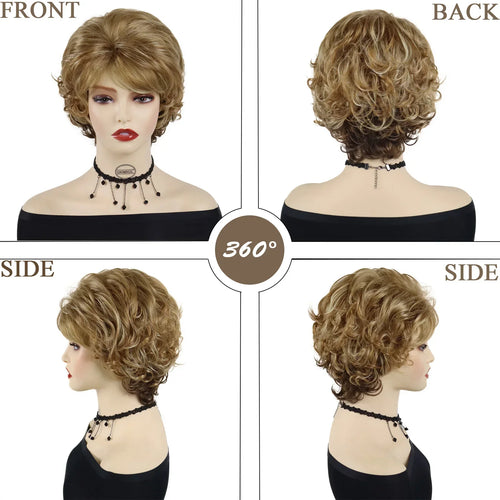 Load image into Gallery viewer, Synthetic Short Wigs for White Women Sandy Blonde Wig with Bangs Mix Brown Color Natural Curly Wig Hair Ombre Elderly Wig Mommy
