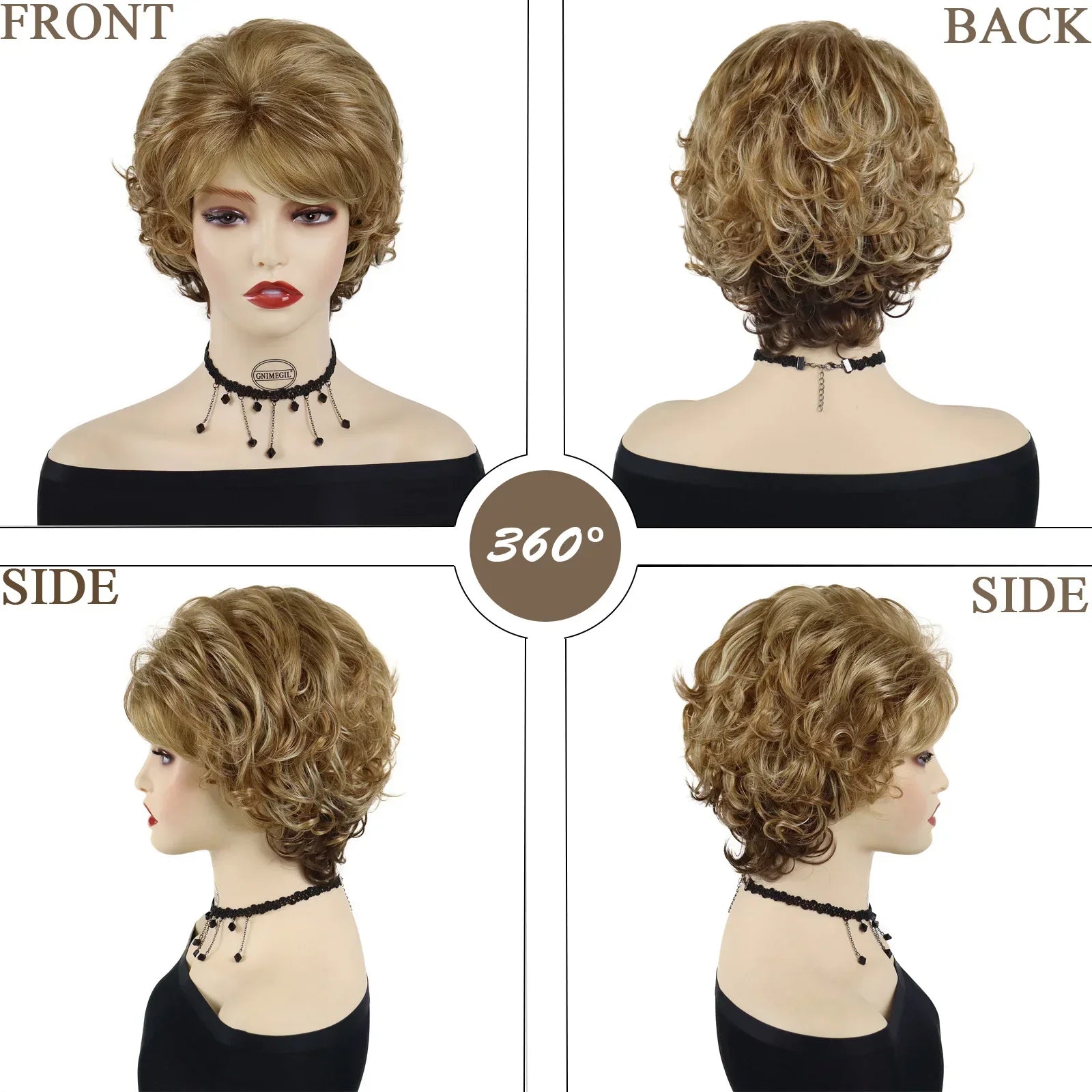 Synthetic Short Wigs for White Women Sandy Blonde Wig with Bangs Mix Brown Color Natural Curly Wig Hair Ombre Elderly Wig Mommy