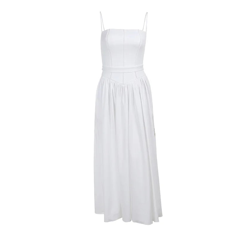 Elegant White Sundress Spaghetti Strap Backless Midi Dress For Women Fashion Sleeveless A-line Loose Long Dress New
