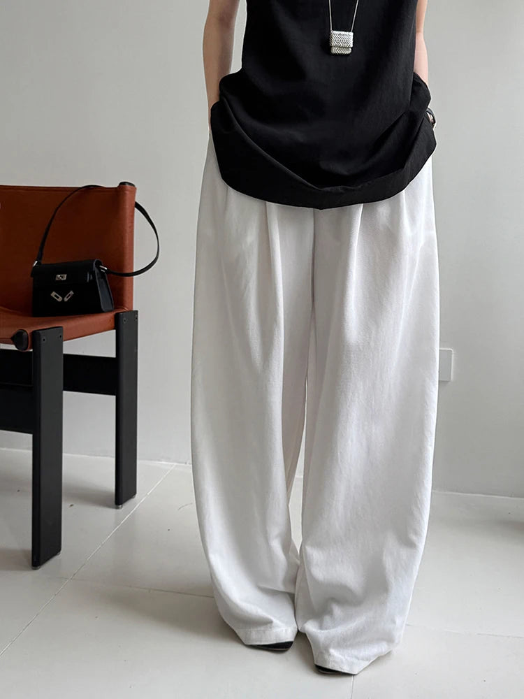 High Waist White Blue Brief Pocket Casual Long Wide Leg Pants New Trousers Women Fashion Tide Spring Autumn 2025 1DJ1357
