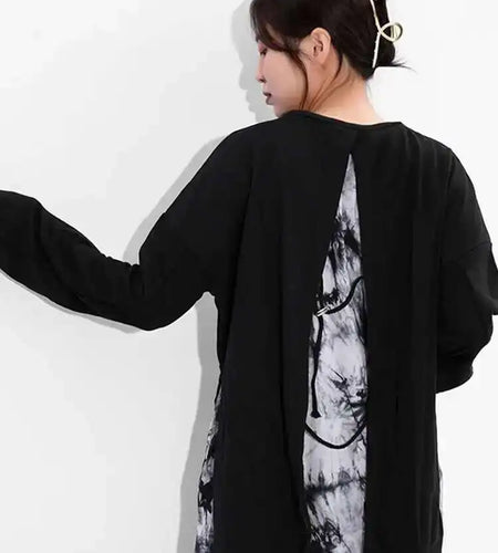 Loose Fit Black Backless Bandage Sweatshirt New Round Neck Long Sleeve Women Big Size Fashion Spring Autumn 2025 JO28401