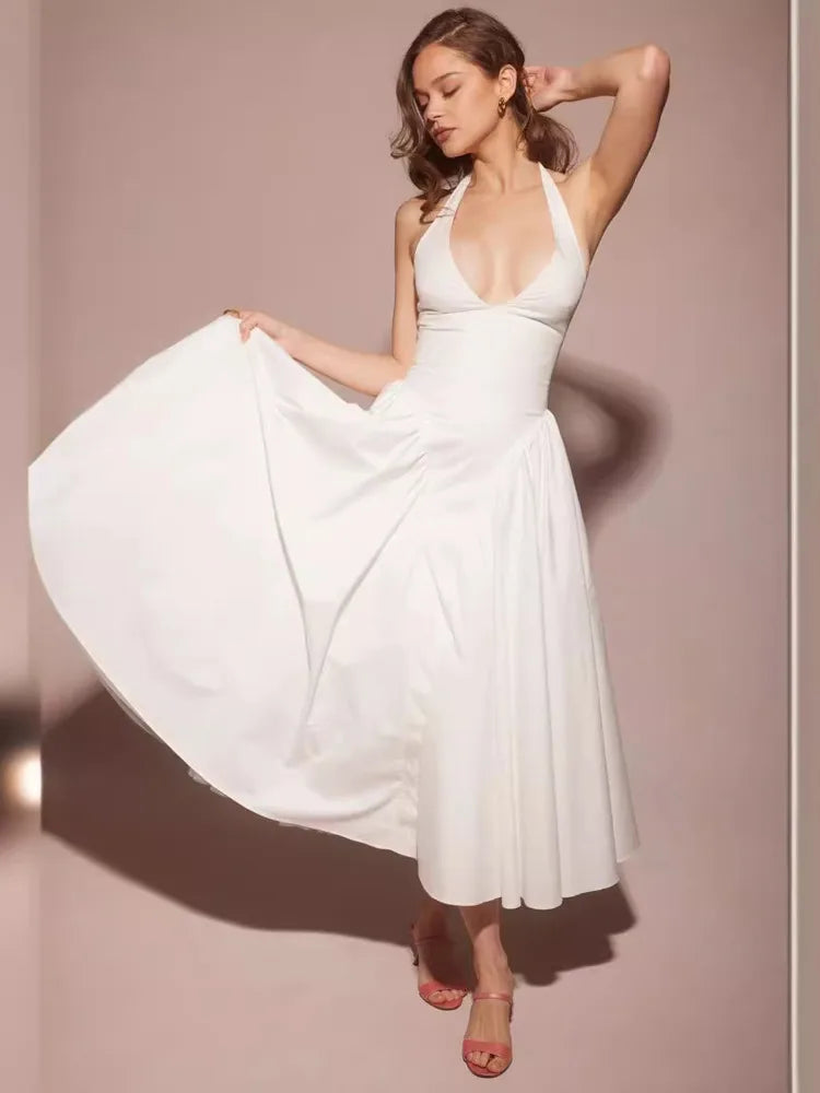 Elegant Sleeveless Bodycon Long Dress Women 2024 Summer New Sexy Hanging Neck Deep V-Neck Vestido Backless Evening Dress