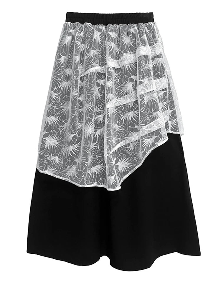 High Elastic Waist Black Lace Spliced Irregular A-line Half-body Skirt Women Fashion Tide New Spring Autumn 2025 1DJ1251