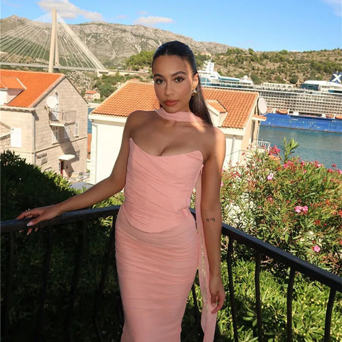 Load image into Gallery viewer, Sexy Two Piece Sets Women Neckerchief Strapless Crop Tops And Maxi Skirt Sets Sexy Club Party Skirt Two Piece Sets
