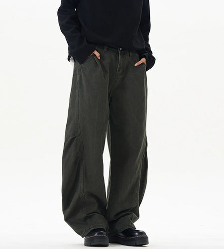 Men's Causal Pants New American Style Washed Design Pleated Curved Knife Trendy Male Loose Wide Leg Trousers Summer 9W1901