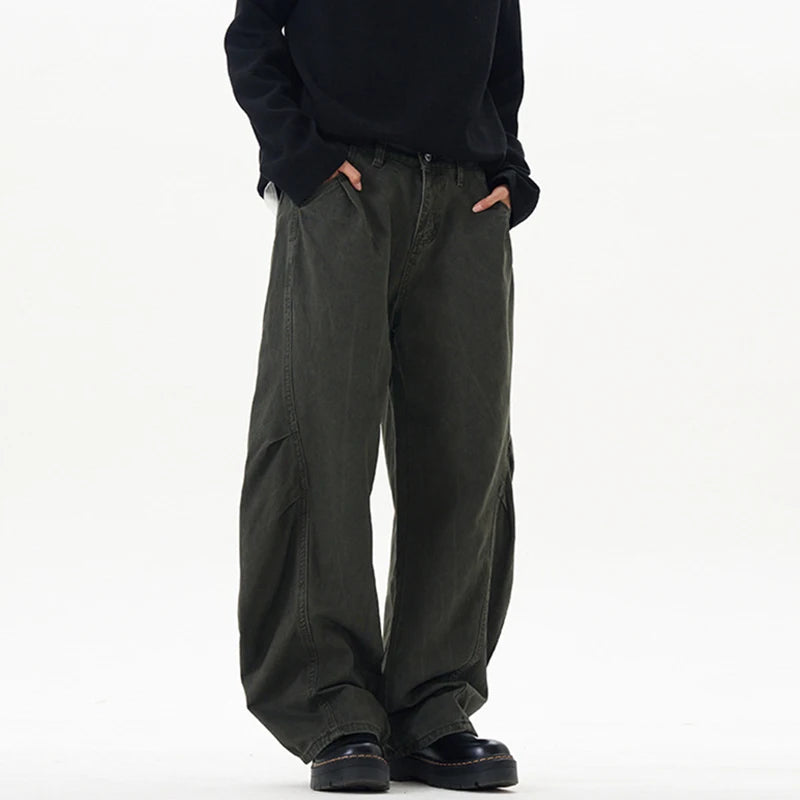 Men's Causal Pants New American Style Washed Design Pleated Curved Knife Trendy Male Loose Wide Leg Trousers Summer 9W1901