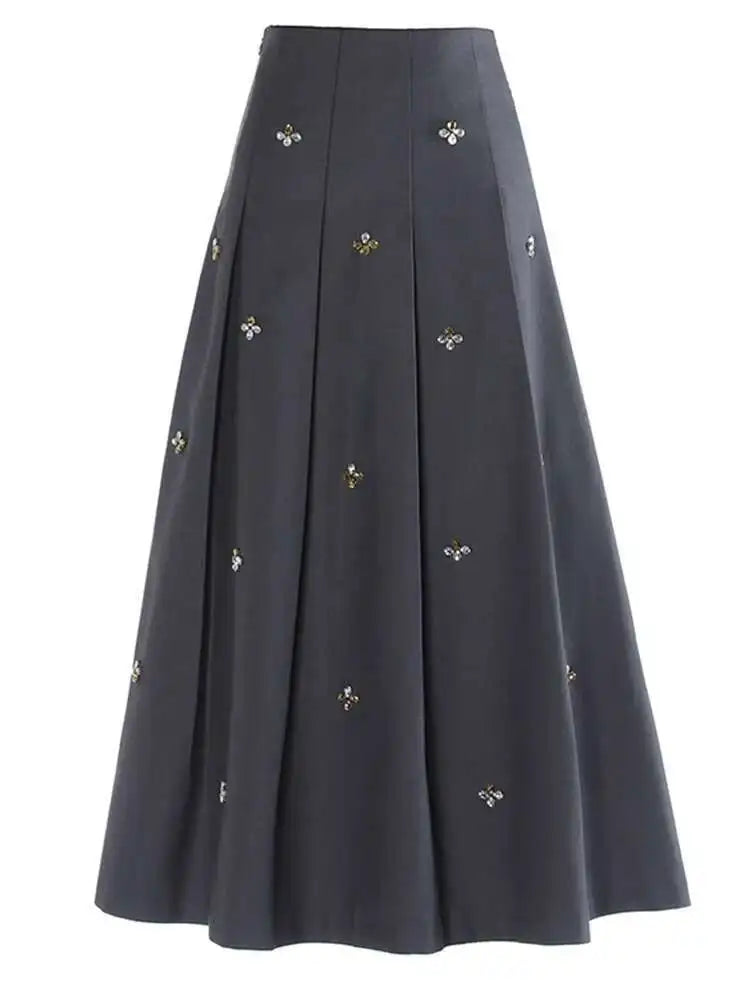 High Elastic Black Rhinestones Pleated Elegant A-line Half-body Skirt Women Fashion Tide New Spring Autumn 2025 1DH2565