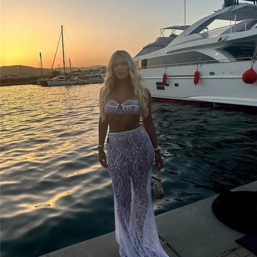 Load image into Gallery viewer, See Through Lace Two Piece Skirt Sets Women Crop Top And Maxi Skirt Sets Elegant Party Beach Sexy Two Piece Set
