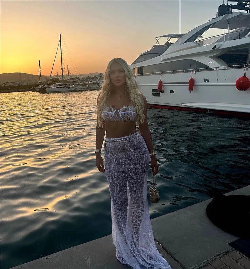 See Through Lace Two Piece Skirt Sets Women Crop Top And Maxi Skirt Sets Elegant Party Beach Sexy Two Piece Set