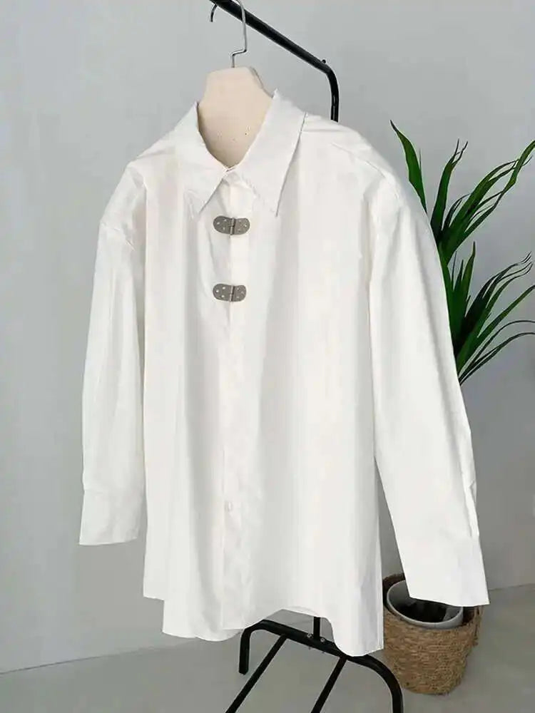 Women White Shaped Big Size Casual Blouse New Lapel Long Sleeve Loose Fit Shirt Fashion Tide Spring Autumn 2025 1DF1136