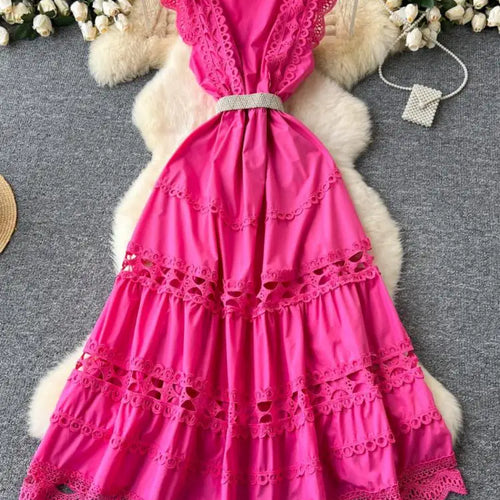 Load image into Gallery viewer, Retro French 2024 New Summer Women Solid Elegant Hollowed Out Sleeveless Long Dress Sweet Lace Patchwork Single Breasted Dresses
