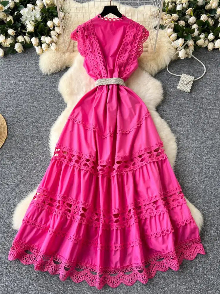 Retro French 2024 New Summer Women Solid Elegant Hollowed Out Sleeveless Long Dress Sweet Lace Patchwork Single Breasted Dresses