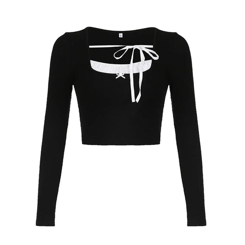 Load image into Gallery viewer, Fairycore Crop Tops y2k Clothes Women Square Neck Bow Tie Slim Fit Long Sleeve T Shirts Coquette Clothing Streetwear
