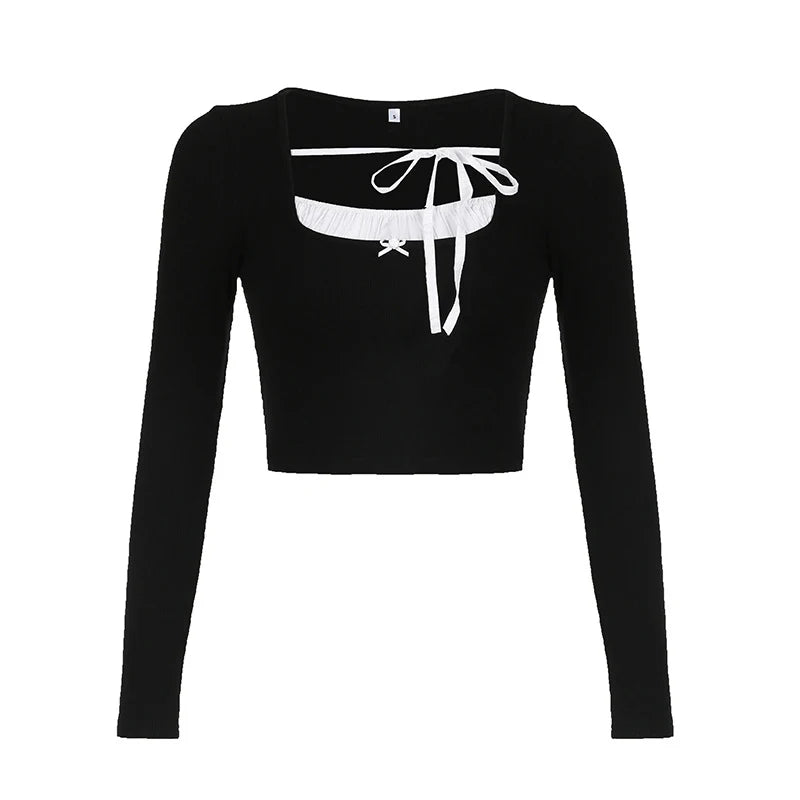 Fairycore Crop Tops y2k Clothes Women Square Neck Bow Tie Slim Fit Long Sleeve T Shirts Coquette Clothing Streetwear