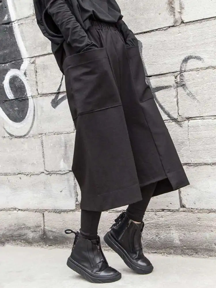 High Elastic Waist Black Pockets Iregular Pants New Loose Fit Trousers Women Fashion Tide Spring Autumn 2025 1DF4638