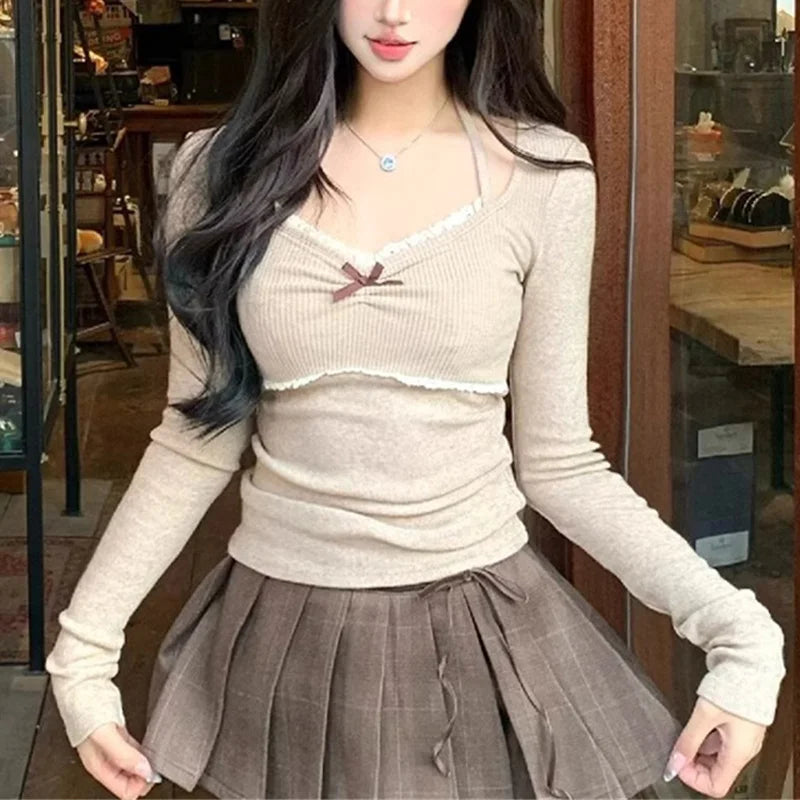 y2k Top Women Fairycore Clothes Lace Trim Long Sleeve Halter Neck T Shirt with Bow 2000s Coquette Clothing Streetwear