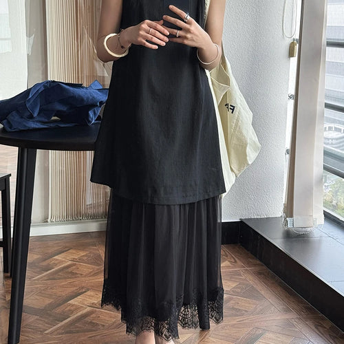 Load image into Gallery viewer, Women Beige Mesh Lace Spliced Elegant Long Vest Dress New Round Neck Sleeveless Fashion Tide Spring Summer 2025 1DJ1216
