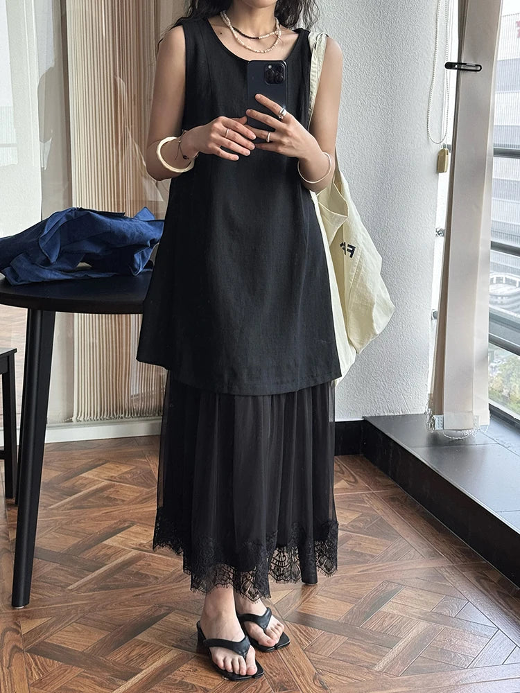 Women Beige Mesh Lace Spliced Elegant Long Vest Dress New Round Neck Sleeveless Fashion Tide Spring Summer 2025 1DJ1216